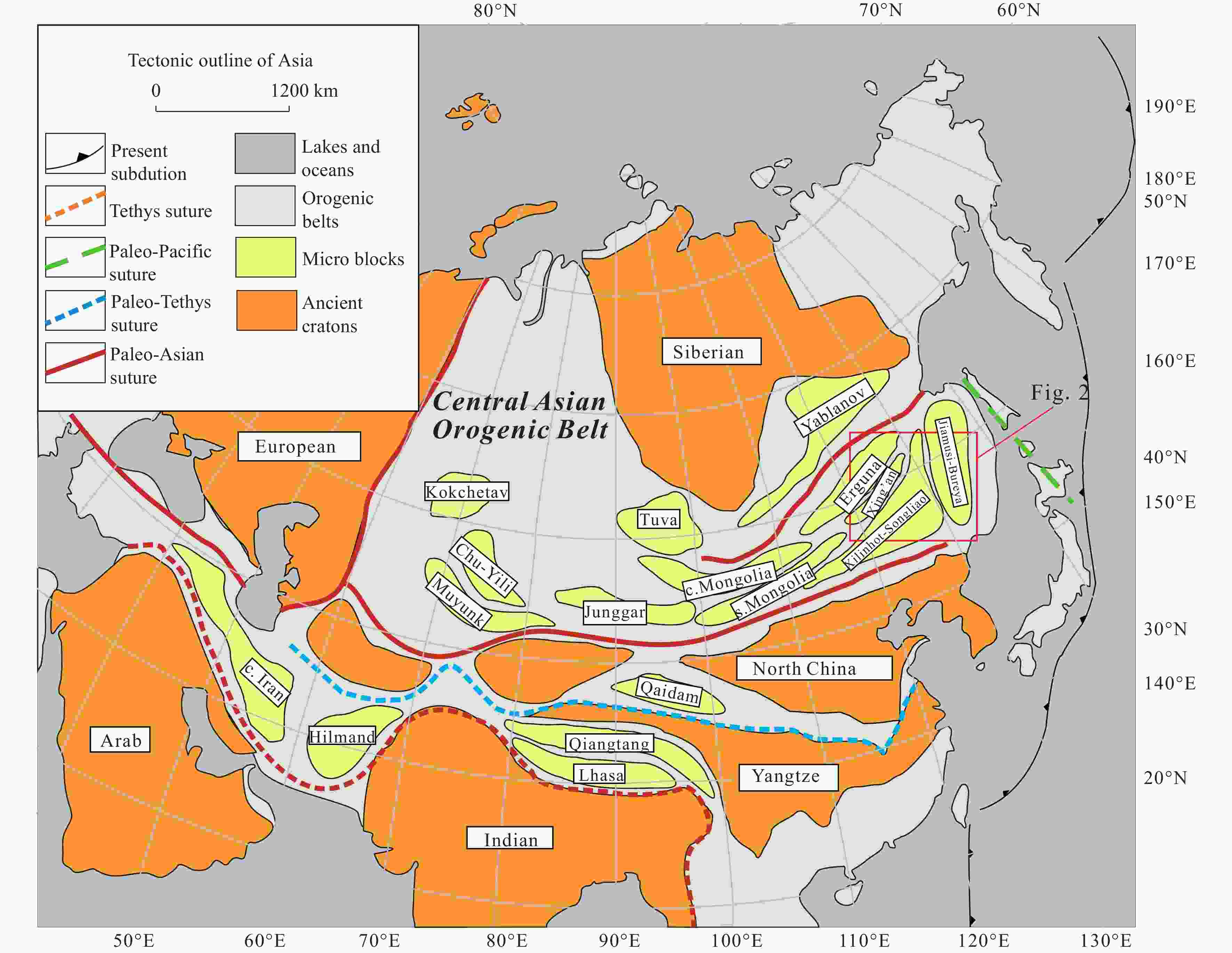 Simplified map of the Central Asian Orogenic Belt (CAOB). The map